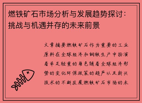 燃铁矿石市场分析与发展趋势探讨：挑战与机遇并存的未来前景