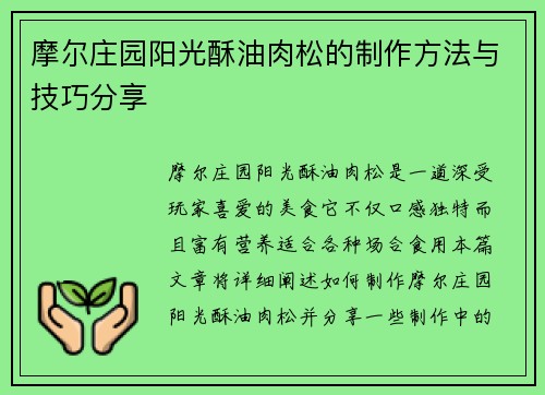 摩尔庄园阳光酥油肉松的制作方法与技巧分享